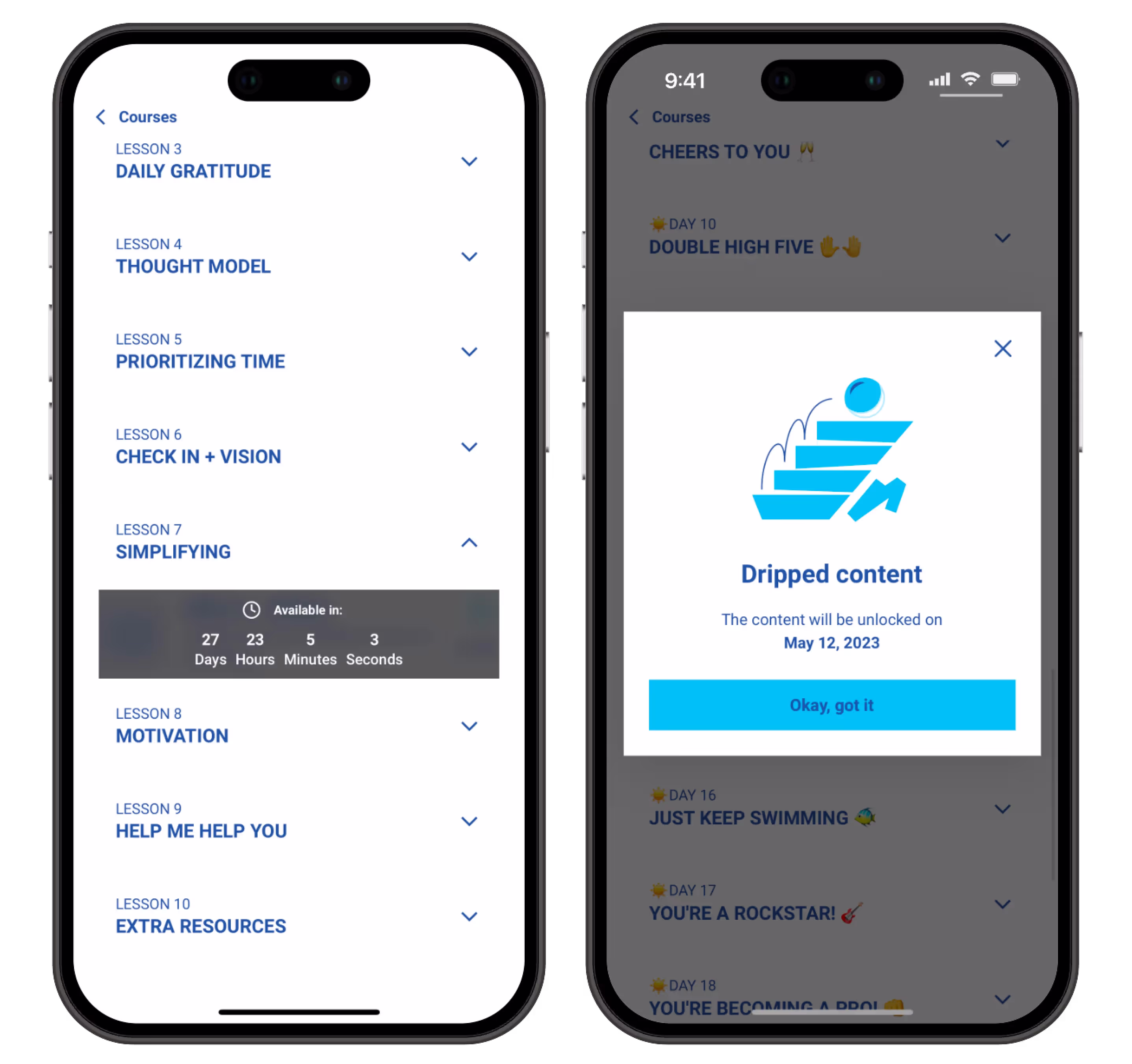 Journey to rise app for iphone showing gated drip content